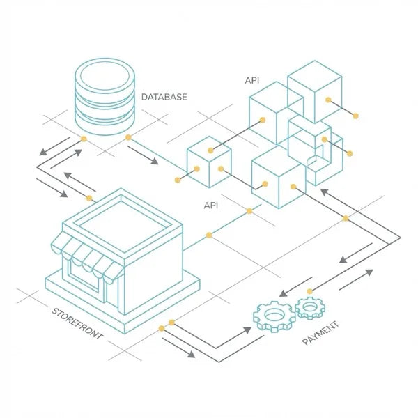 Shopify system architecture — database, API, storefront, and payment flows